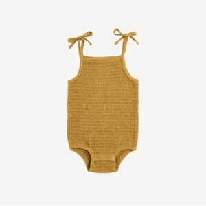 NWT Kate Quinn Tie Smocked Bodysuit Honey Mustard Yellow Bamboo 18-24m